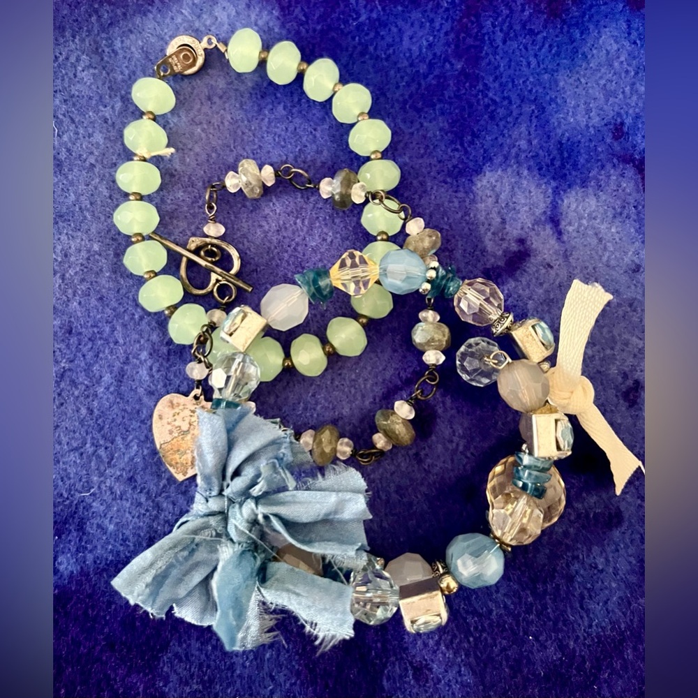 Cool Pastels Blue and Green Beaded Bracelet Set Charms Stones Silver